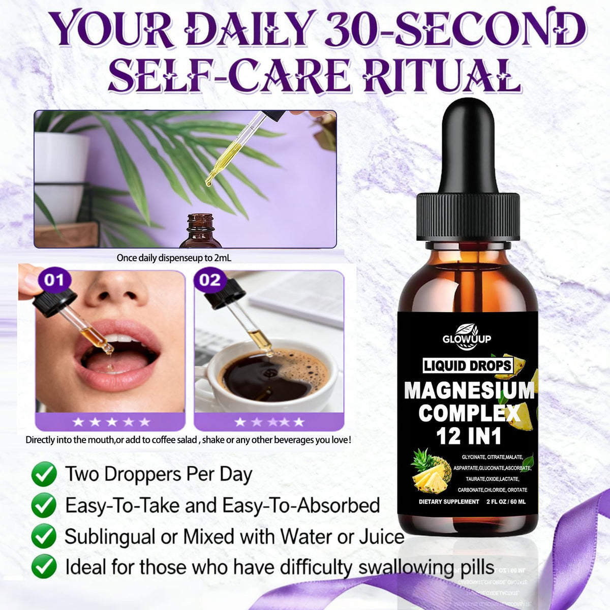 Magnesium 12 in 1 Complex 1000mg Supplement for Women & Men, High Absorption Liquid Magnesium W/Glycinate Citrate Malate Taurate Oxide Aspartate Orotate, Calm Magnesium for Sleep Muscle Heart Support - Maple Wellness Supplements
