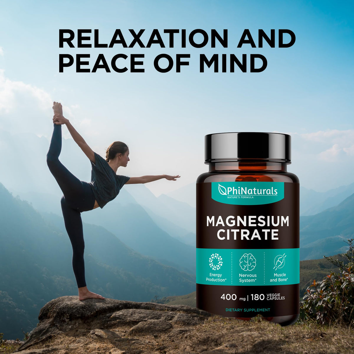 Magnesium Citrate Powder Capsules 400mg - 180 Count Veg Caps - PhiNaturals Supplements - Nervous System Support and Enzyme Function - Maple Wellness Supplements