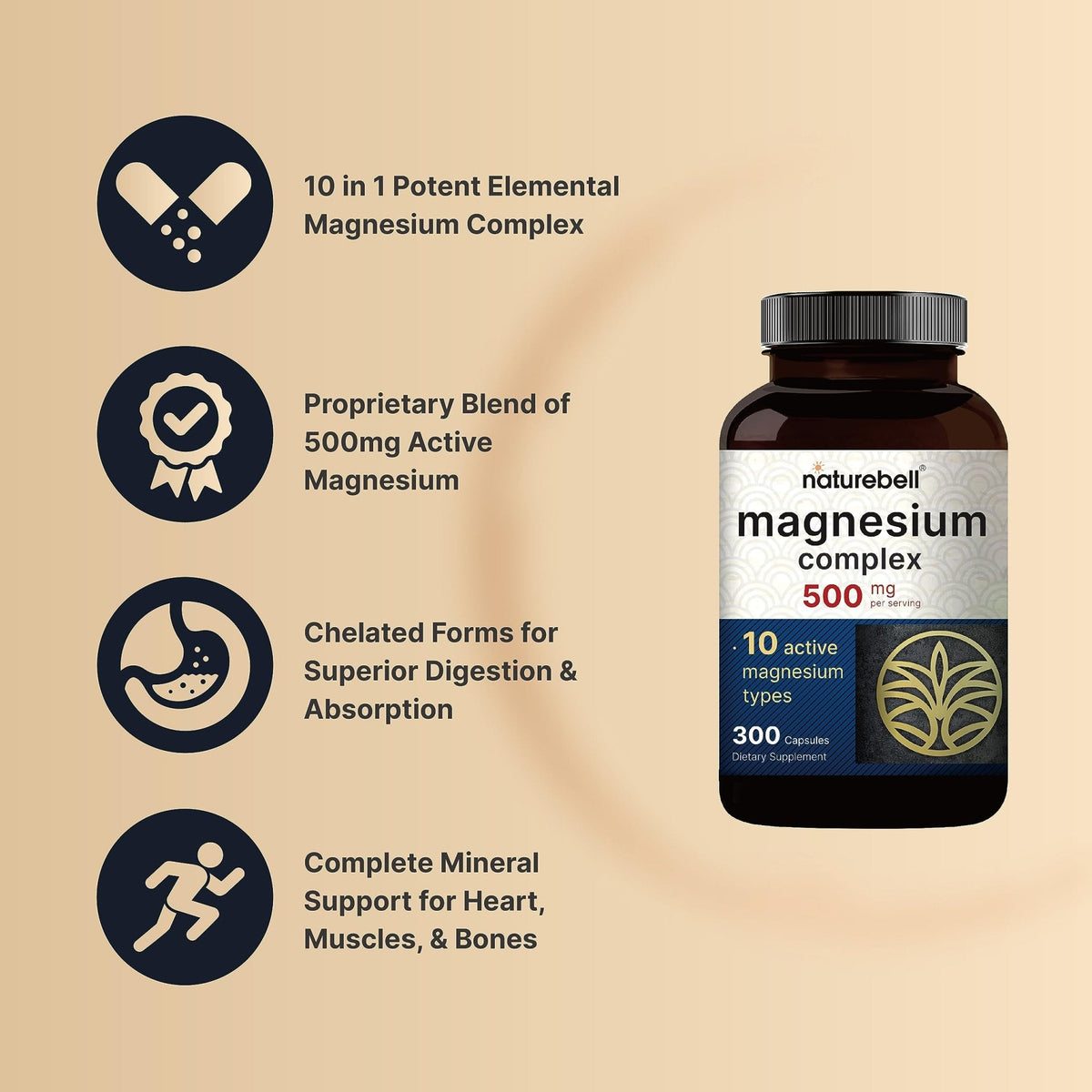 Magnesium Complex 500mg, 300 Capsules | 10-in-1 Magnesium Glycinate, Citrate, Malate & More | Chelated Form for Easy Absorption | Non-GMO - Maple Wellness Supplements