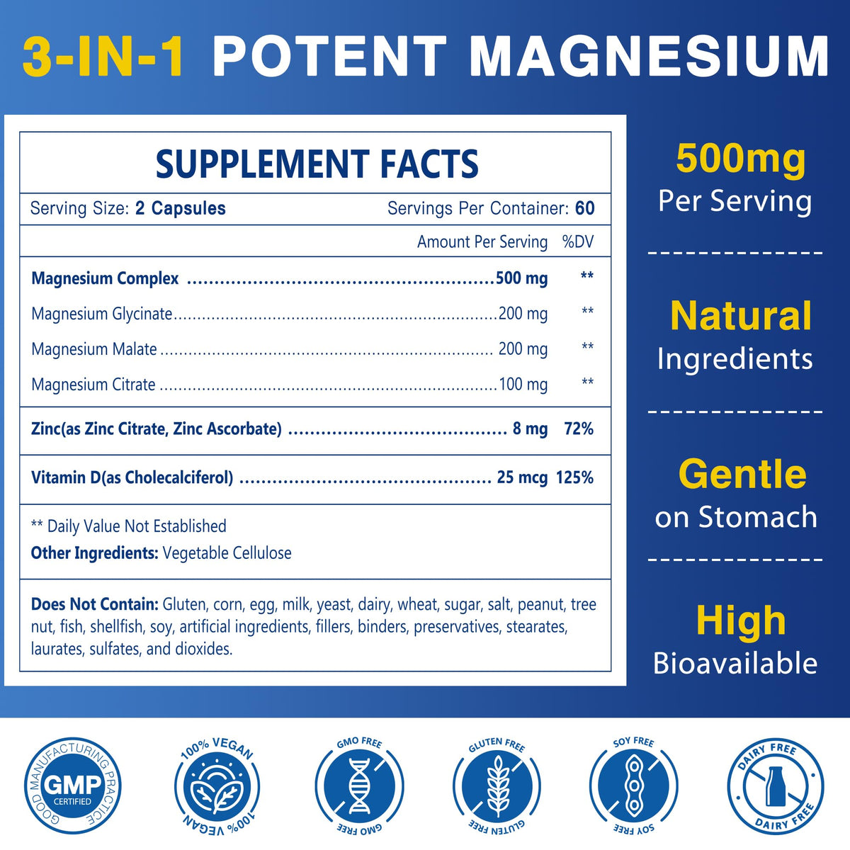 Magnesium Complex 500mg, Magnesium Glycinate, Malate & Citrate - High Absorption Chelated Triple Magnesium Supplement with Zinc, Vitamin D3 for Muscle, Nerve, Bone & Immune Support, Vegan 120 Capsules - Maple Wellness Supplements