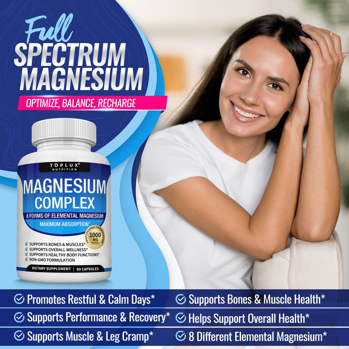Magnesium Complex Supplement 8 Elemental 1000mg - Magnesium Glycinate, Citrate, Malate, Taurate, Chelated for Easy Absorption for Bones, Muscle, Recovery, Energy, Vegan Non-GMO 90 Capsules - Maple Wellness Supplements