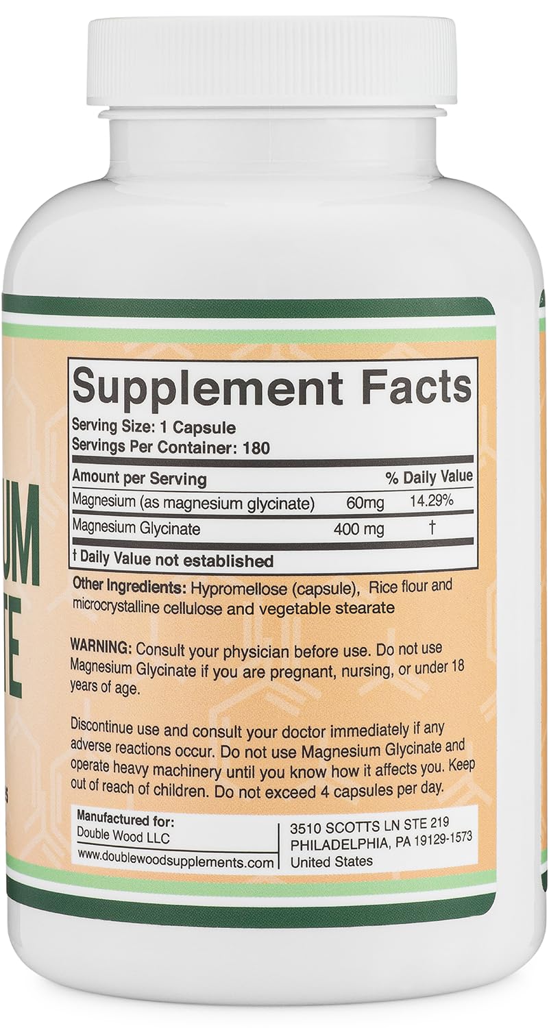 Magnesium Glycinate 400mg | 180 Capsules | Sleep, Muscle, & Heart Support | Vegan, Third Party Tested, Gluten Free, Non-GMO, by Double Wood Supplements - Maple Wellness Supplements
