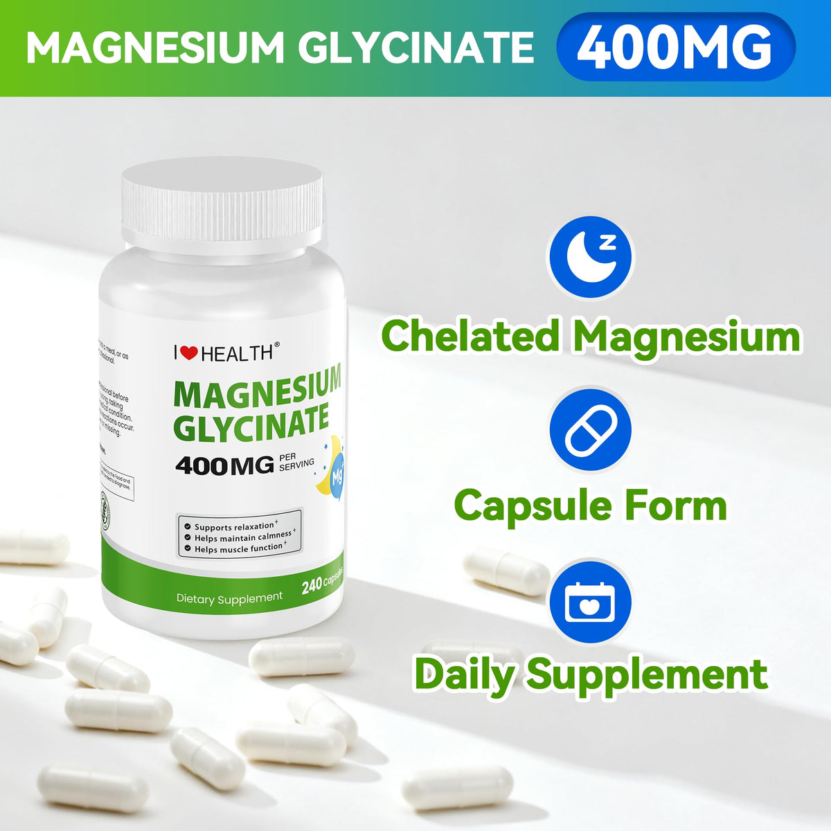 Magnesium Glycinate 400mg per Capsule – 240 Capsules – High Absorption Magnesium Supplement for Relaxation, Calmness & Muscle Support – Gentle on Stomach - Maple Wellness Supplements