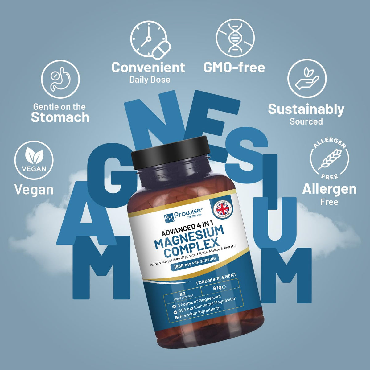 Magnesium Glycinate Complex 4 in 1-1866mg per Serving | Precise 404mg Elemental Magnesium dose | Added Magnesium Glycinate, Citrate, Malate & Taurate | 90 Vegan Capsules - by Prowise - Maple Wellness Supplements