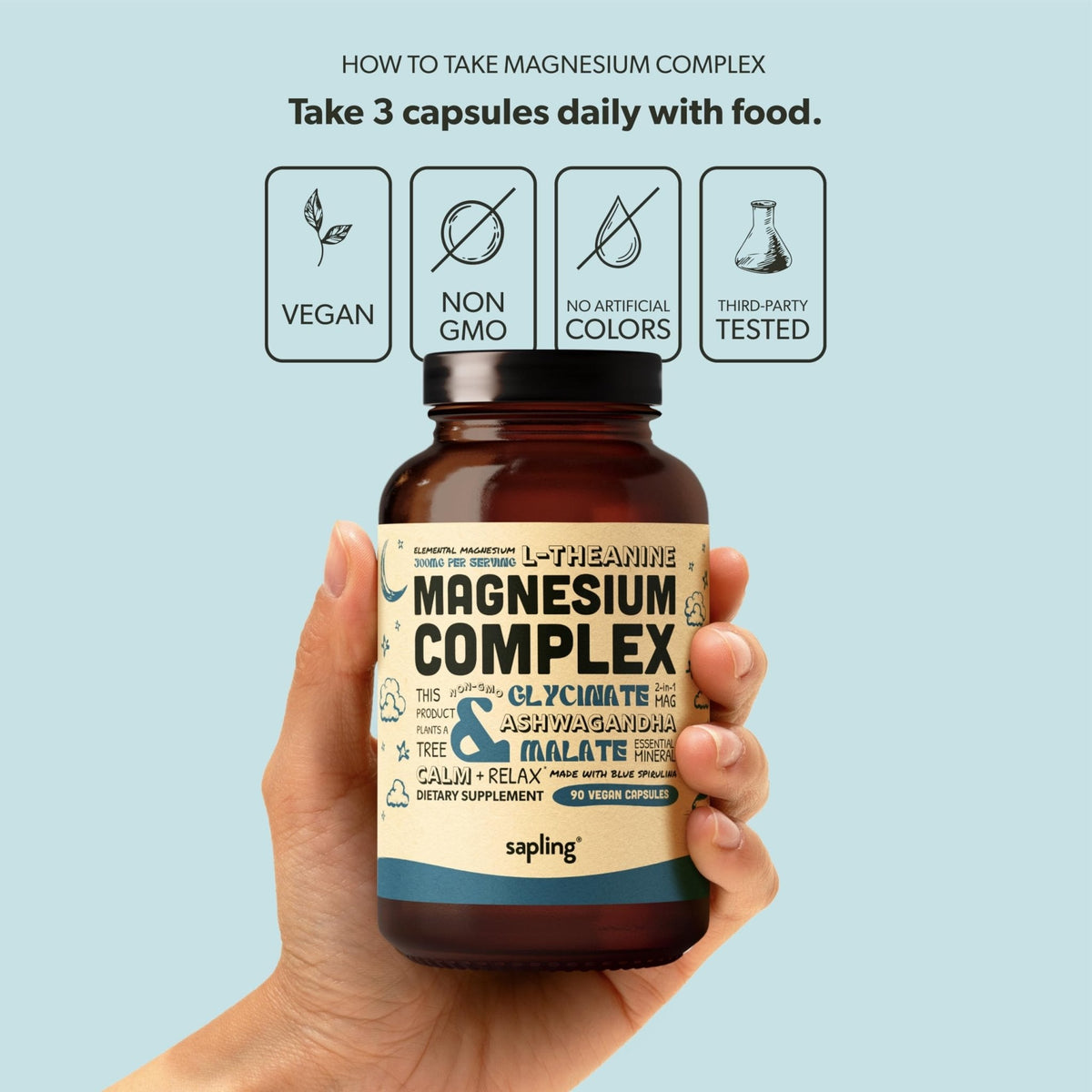 Magnesium Glycinate Complex Supplement - Chelated Magnesium Glycinate with Malate, Organic Ashwagandha, L-theanine & Blue Spirulina - High Absorption, Vegan, Non-GMO, 300mg, 90 Veggie Caps - Maple Wellness Supplements