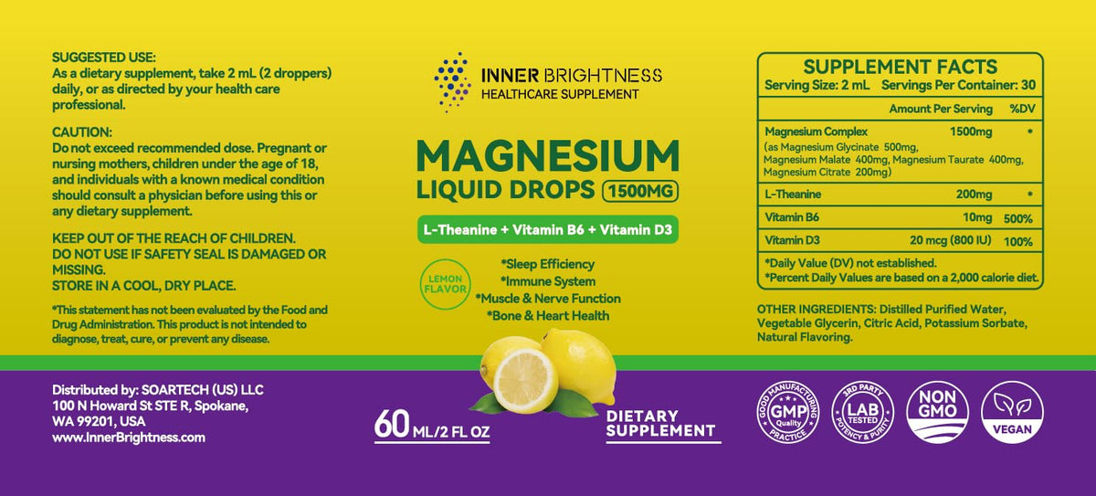 Magnesium Glycinate Liquid Drops 1500mg with Magnesium Citrate & Taurate, L-Theanine, Vitamin D3, B6 - Supports Calm, Sleep, Muscle Relaxation, Leg Cramps & Energy, Lemon Flavor, 60 mL - Maple Wellness Supplements