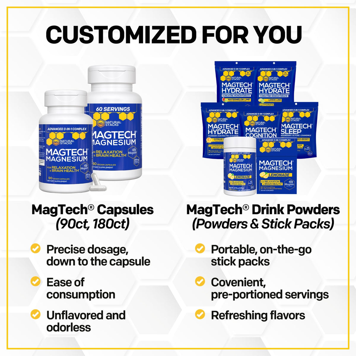 Magtein Magnesium L-Threonate, Glycinate & Taurate - MagTech Magnesium Powder - Sugar Free Lemonade Drink - 200mg Chelated Triple Complex - Supports Relaxation & Brain Health* - 30 Servings - Maple Wellness Supplements