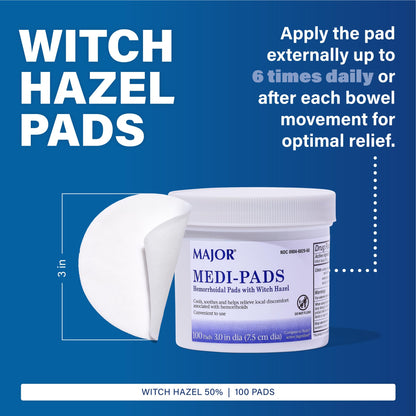 MAJOR Medi-Pads - Hemorrhoidal Hygienic Cleansing Witch Hazel Pads - Cooling Relief with Aloe - 100 Count Jar (2 Pack) - Maple Wellness Supplements