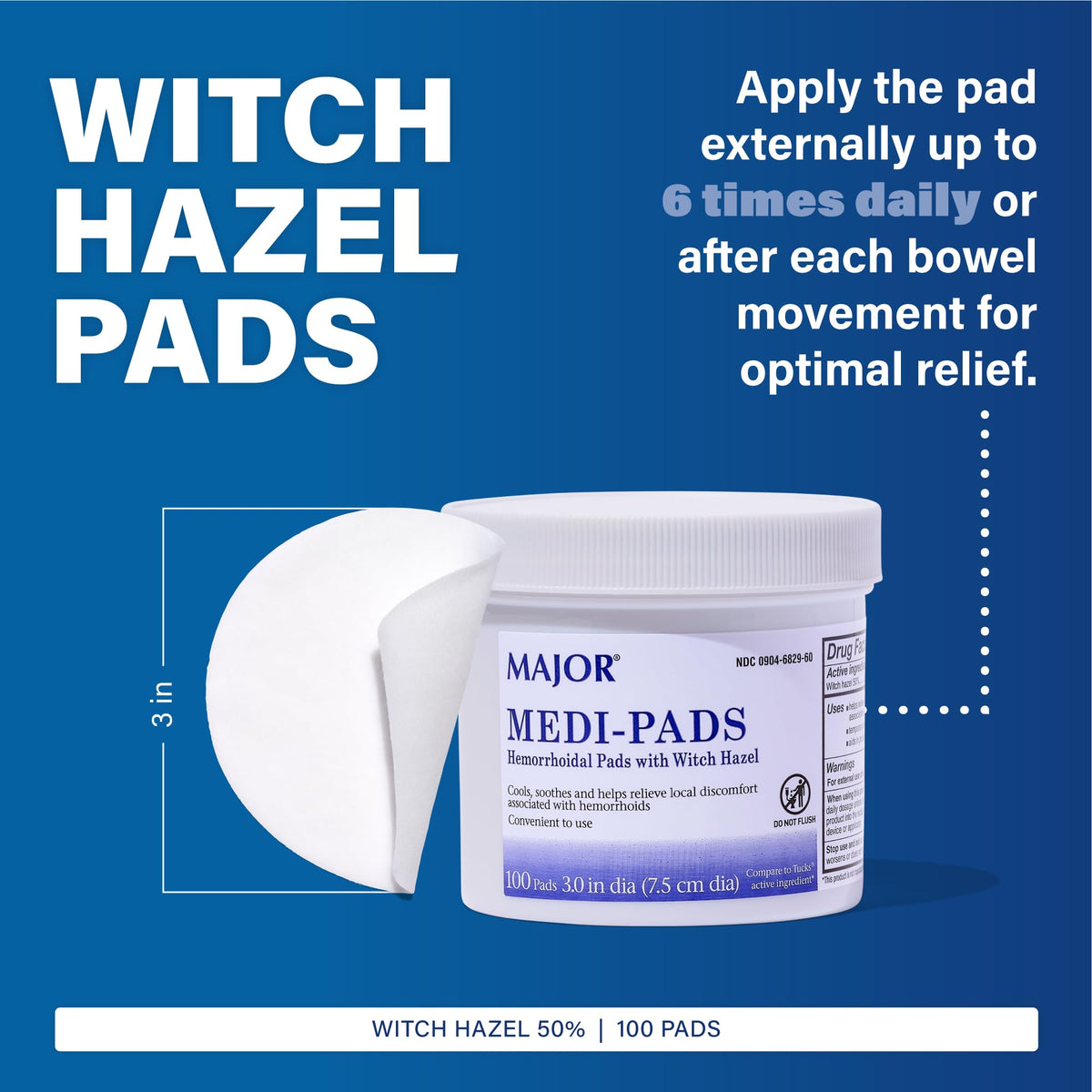 MAJOR Medi-Pads - Hemorrhoidal Hygienic Cleansing Witch Hazel Pads - Cooling Relief with Aloe - 100 Count Jar (3 Pack) - Maple Wellness Supplements