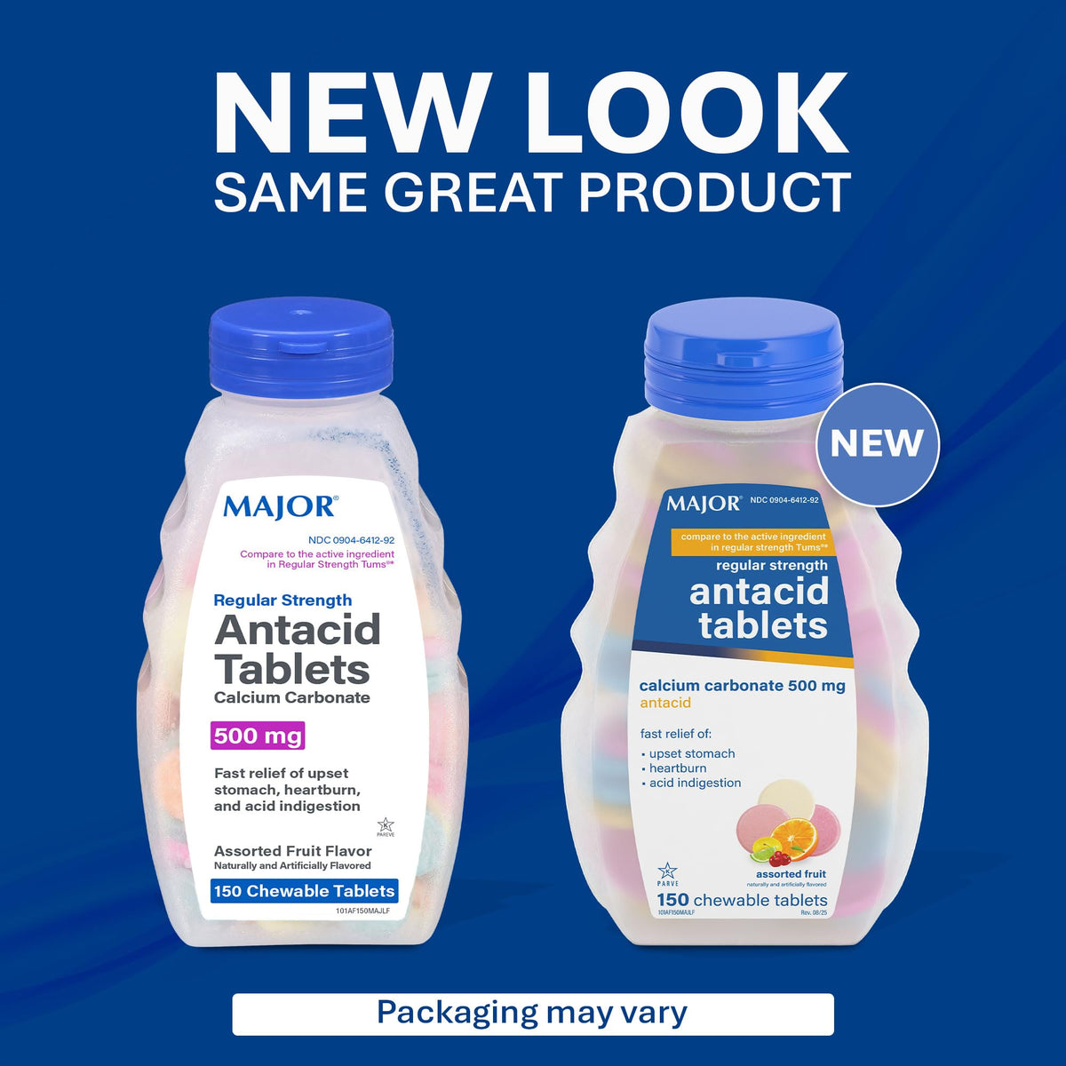 MAJOR Regular Strength Antacid Tablets - Calcium Carbonate 500 mg - Assorted Fruit Flavor - 150 Chewable Count (2 Pack) - Maple Wellness Supplements