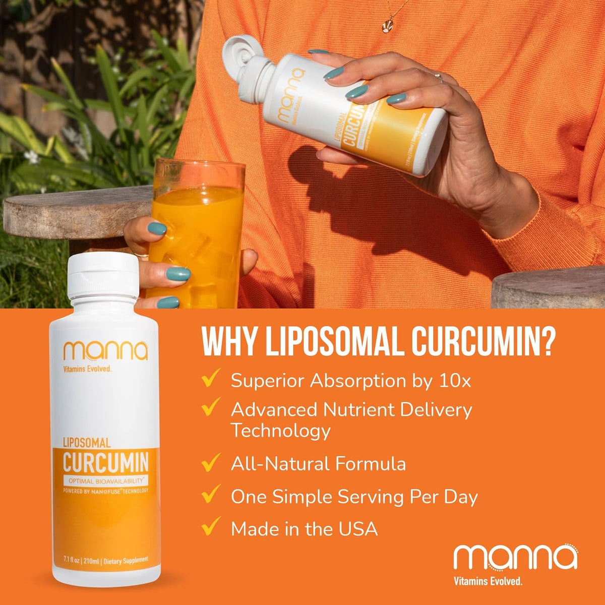 Manna Vitamins Evolved Liposomal Liquid Curcumin for Advanced Absorption Best Turmeric Supplement for Daily Joint & Immune Health Support - Vegan, Non-GMO, 95% Curcuminoids (1 Pack) - Maple Wellness Supplements