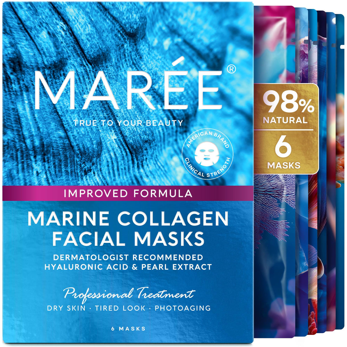 MAREE Collagen Facial Mask with Hyaluronic Acid — Sheet Face Mask Skincare — Centella Asiatica, Green & Red Algae Extract - Maple Wellness Supplements