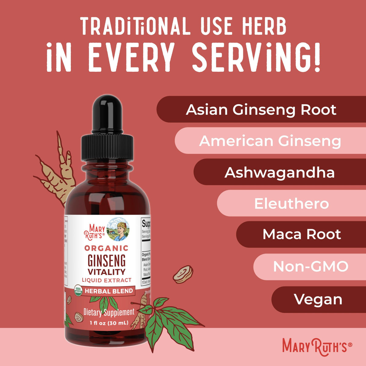 MaryRuth Organics Herbal Supplement for Brain Function | Boost Energy | Memory | Vitality USDA | Ginseng with Ashwagandha | Eleuthero and Maca Root Extract | 1 Fl Oz - Maple Wellness Supplements