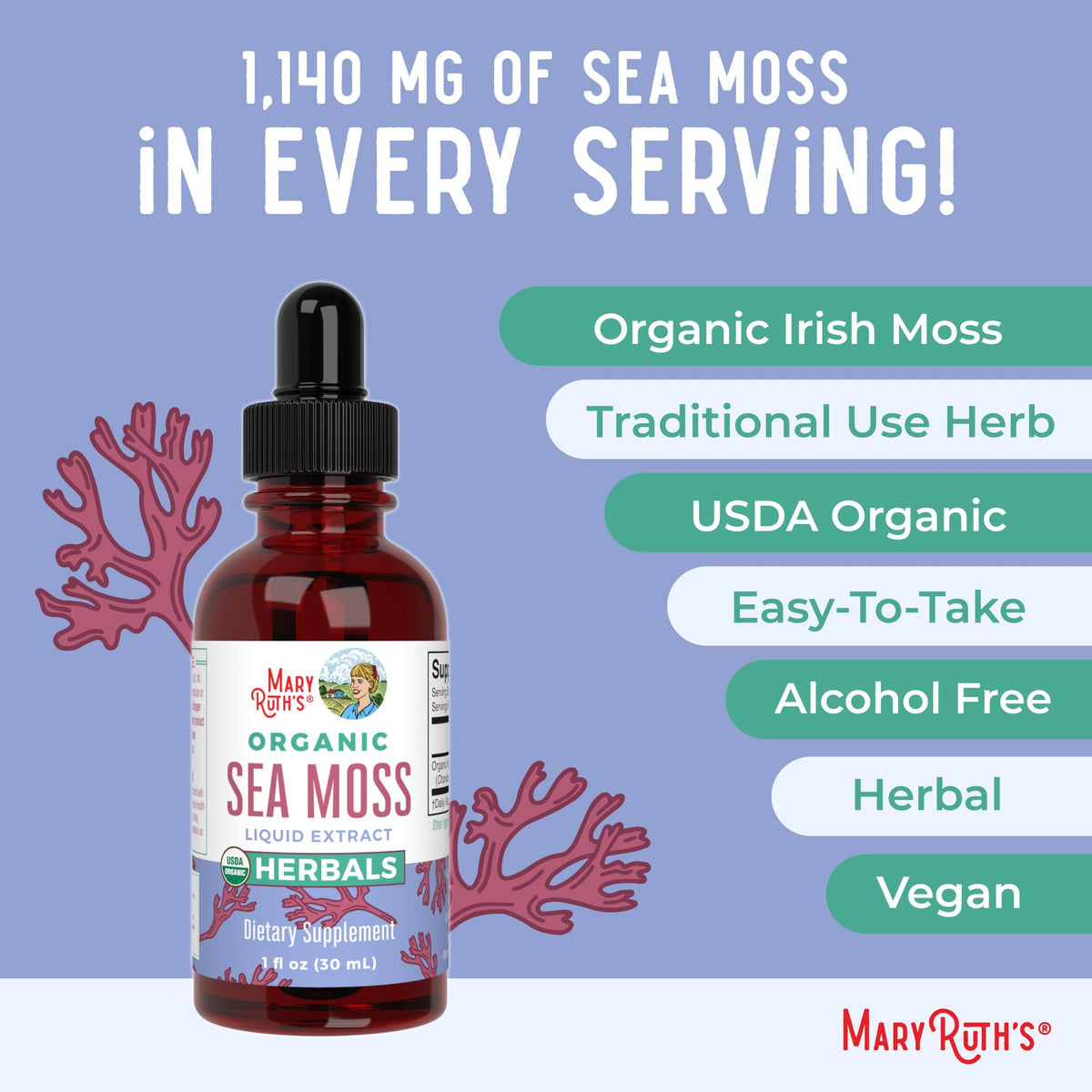 MaryRuth Organics Irish Sea Moss Liquid Drops | Chondrus Crispus | Wild Harvested | Organic Irish Moss Formulated for Adults & Kids Ages 14+ | Unflavored | Sugar Free | Vegan | Non-GMO | 1 Fl Oz - Maple Wellness Supplements