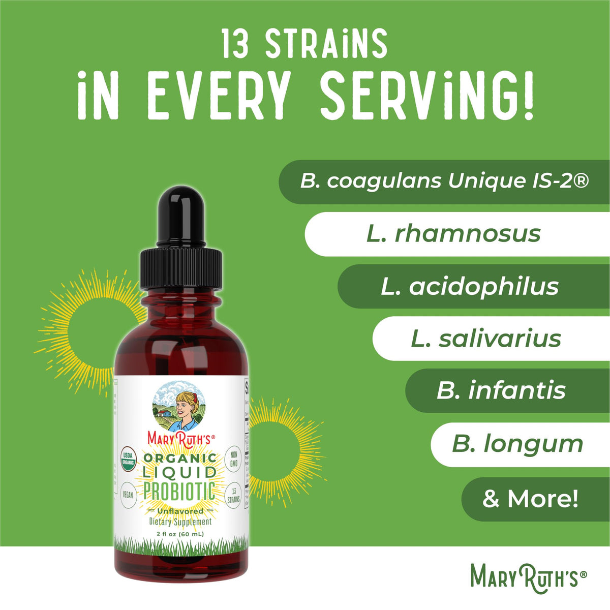 MaryRuth Organics Liquid Probiotic for Ages 4+ | 2 Billion CFU | 13 Probiotic Strains | Gut Health & Digestive Support | Gas & Bloating Support | Vegan | Gluten Free | Travel-Friendly | 20 Servings - Maple Wellness Supplements