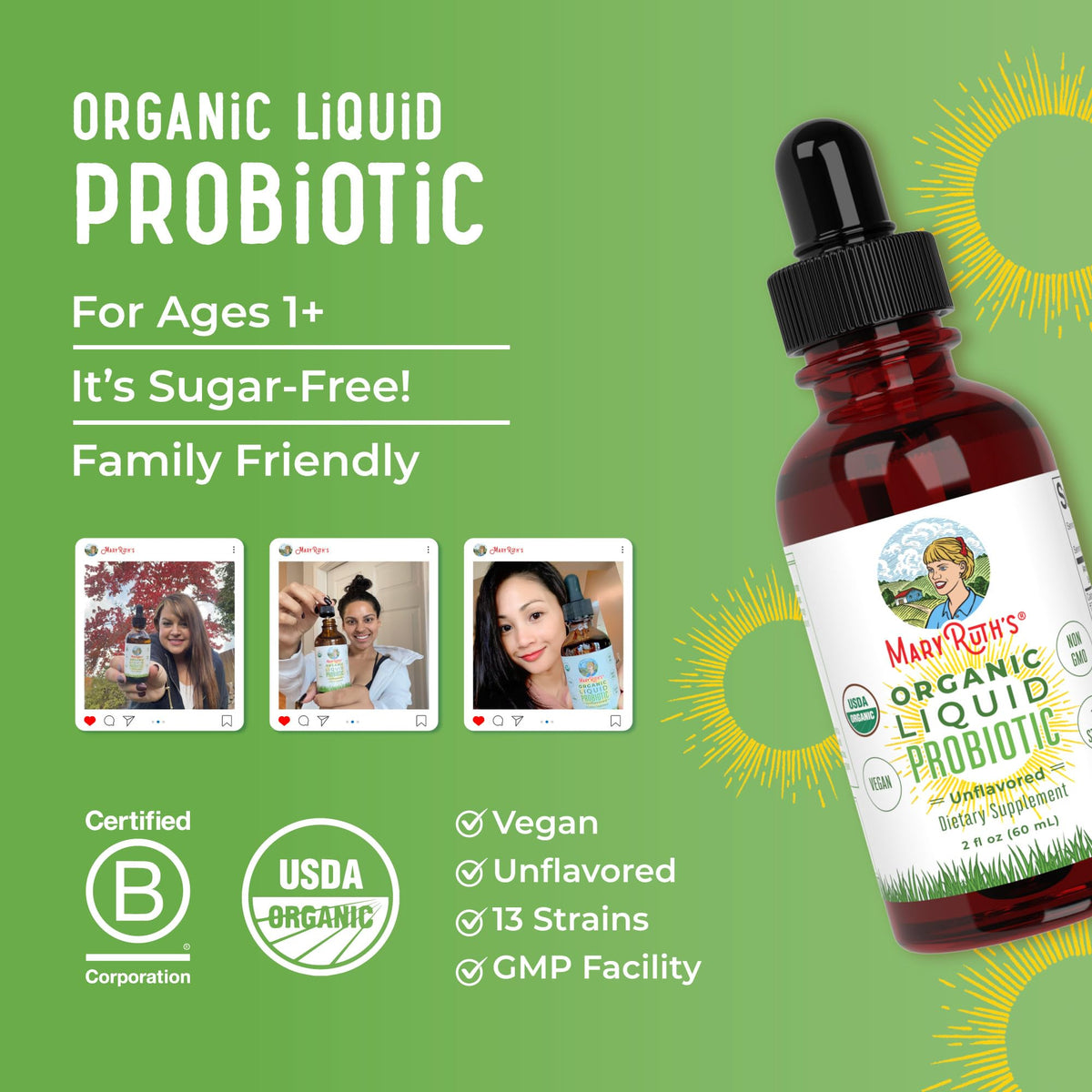 MaryRuth Organics Liquid Probiotic for Ages 4+ | 2 Billion CFU | 13 Probiotic Strains | Gut Health & Digestive Support | Gas & Bloating Support | Vegan | Gluten Free | Travel-Friendly | 20 Servings - Maple Wellness Supplements