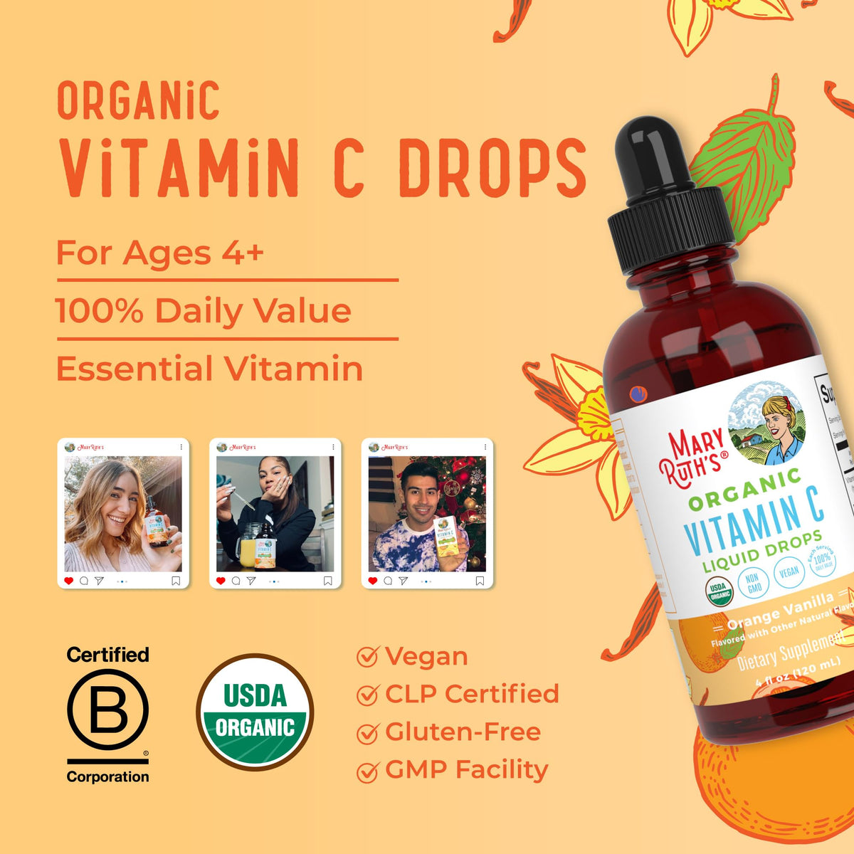 MaryRuth Organics Organic Vitamin C Supplement | Liquid Vitamin C Liquid Drops for Adults & Kids | Immune Support Supplement for Overall Health | Vegan | Non-GMO | Gluten Free | 4 Fl Oz - Maple Wellness Supplements