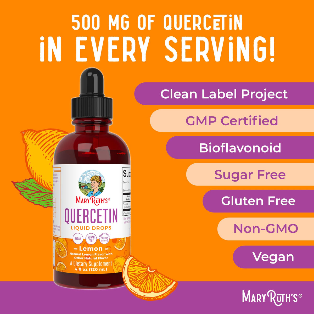 MaryRuth Organics Quercetin Liquid Drops | Sugar Free | 500mg for Adults 18 & Over | Cardiovascular Health for Adults | Bioflavonoid | Vegan | Non-GMO | Gluten Free | 4 Fl Oz - Maple Wellness Supplements