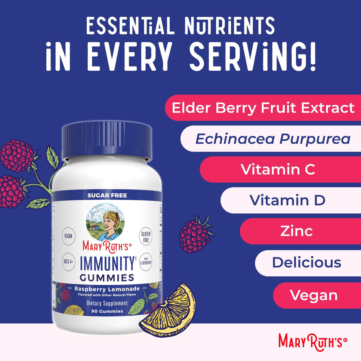 MaryRuth Organics Sugar Free Immunity Gummies | Powerful Blend | Elderberry Vitamin C & Zinc | Vitamin D3 & Echinacea | Immune Support Supplement | Gummies for Kids & Adults | Vegan | Non GMO | 90ct - Maple Wellness Supplements