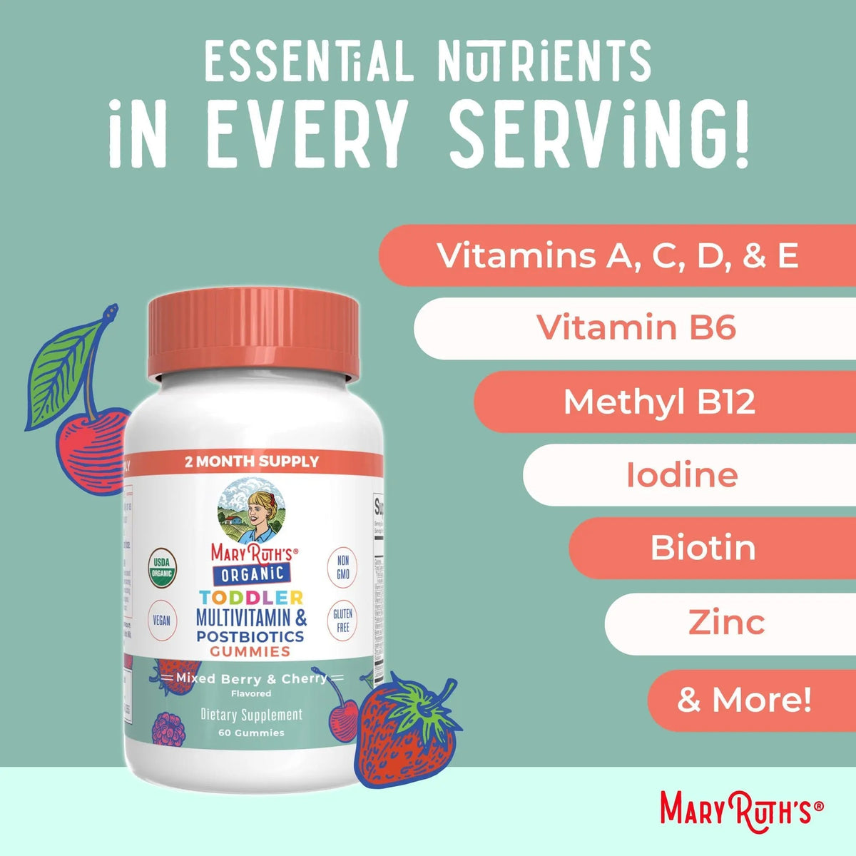 MaryRuth Organics Toddler Multivitamin Gummies + Postbiotics | USDA Organic | Vitamins for Kids Ages 2+ | Immune Support | Vitamin C | Vitamin D3 | Vitamin A | Zinc | Vegan | Non-GMO | 60 Servings - Maple Wellness Supplements