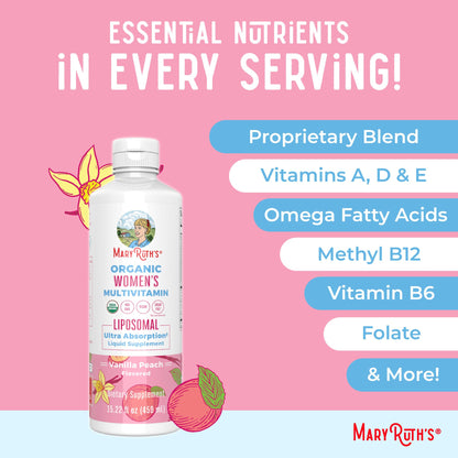 MaryRuth Organics USDA Organic Multivitamin for Women, Sugar Free Womens Multivitamin, Liquid Vitamins for Women, Immune Support Supplement, Ashwagandha, Methylfolate, Vegan, Non-GMO, 15.22 Fl Oz - Maple Wellness Supplements