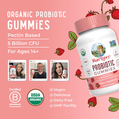 MaryRuth Organics USDA Organic Probiotic Gummies |Probiotics forWomen & Men Digestive Health & Gut Comfort Supplement 5 Billion CFU | Immune & Digestive Support | Vegan | Non-GMO | 60 Count - Maple Wellness Supplements