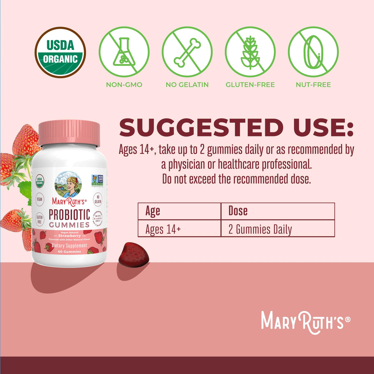 MaryRuth Organics USDA Organic Probiotic Gummies |Probiotics forWomen & Men Digestive Health & Gut Comfort Supplement 5 Billion CFU | Immune & Digestive Support | Vegan | Non-GMO | 60 Count - Maple Wellness Supplements