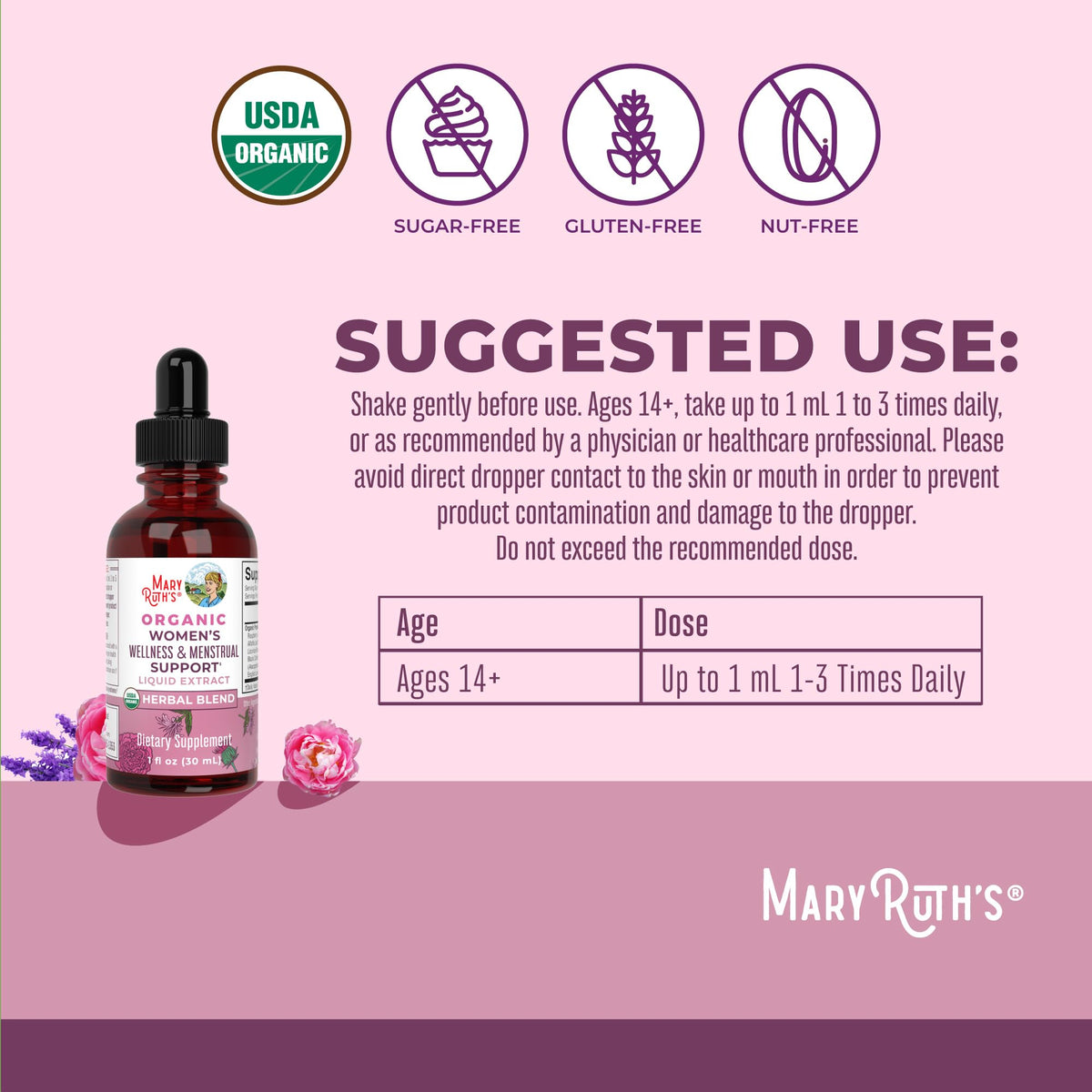 MaryRuth Organics USDA Organic Women's Wellness Liquid Herbal Supplements | Includes Stinging Nettle, Raspberry Leaf, Eleuthero Root, Chaste Tree Berry | Menstrual Support | Non-GMO, Vegan - Maple Wellness Supplements