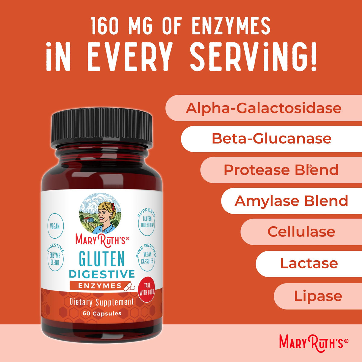 MaryRuth’s Gluten Digestive Enzymes | Up to 2 Month Supply | Proprietary Enzyme Blend | Vegan Pine-Based Capsules | Non-GMO | 60 Count - Maple Wellness Supplements