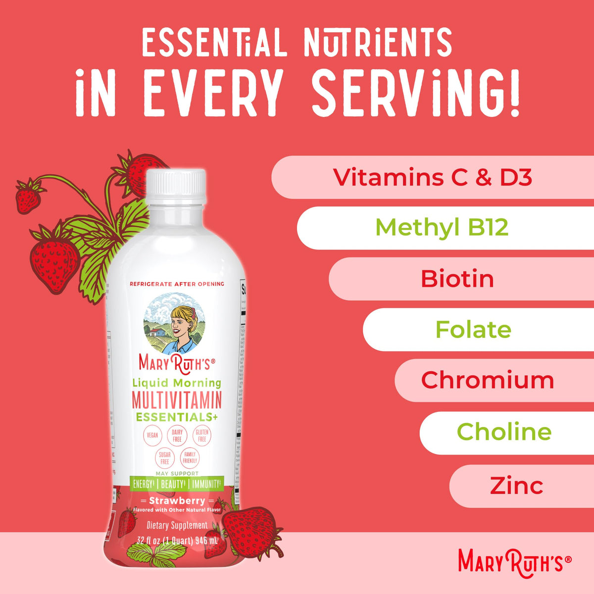 MaryRuth's Liquid Morning Multivitamin Essentials+ | Vitamin A C D E B6 B12 K2 Biotin Zinc | Mens Womens Multivitamin | Immune Support | Beauty | Sugar Free | Vitamins for Ages 1+ | Vegan | 32 Fl Oz - Maple Wellness Supplements