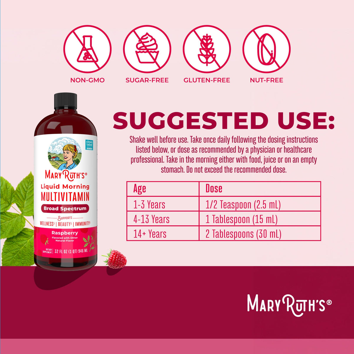 MARYRUTH'S Liquid Morning Multivitamin for Women, Men & Kids | Vitamin A C D E B6 B12 Biotin Zinc | Beauty | Vegan | Non-GMO | Gluten Free | 32 Servings - Maple Wellness Supplements