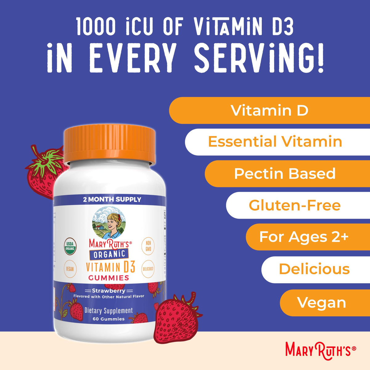 MARYRUTH'S Organic Vitamin D3 Gummies | 1000 IU | USDA Organic | Immune Support| Bone Health | Muscle Function | for Adults & Kids Ages 2+ - Maple Wellness Supplements