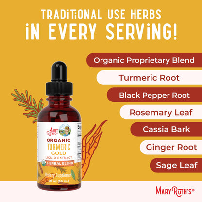 MARYRUTH'S Organics USDA Turmeric Gold Liquid Drops | Herbal Blend | Turmeric Curcumin | Black Pepper | Cassia Cinnamon Bark | Ginger Root | Immune Support - Maple Wellness Supplements