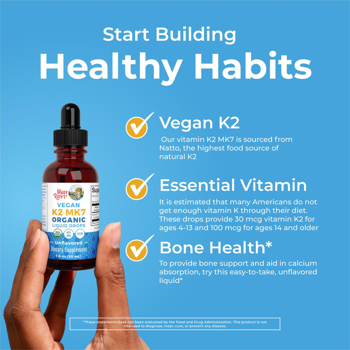 MaryRuth’s USDA Organic Vitamin K2 MK7 Liquid Drops for Adults & Kids | Sourced from Natto | Menaquinone- 7 | Vegan K2 Vitamin for Bone Health & Calcium Absorption | 1oz | Up to 90 Servings - Maple Wellness Supplements