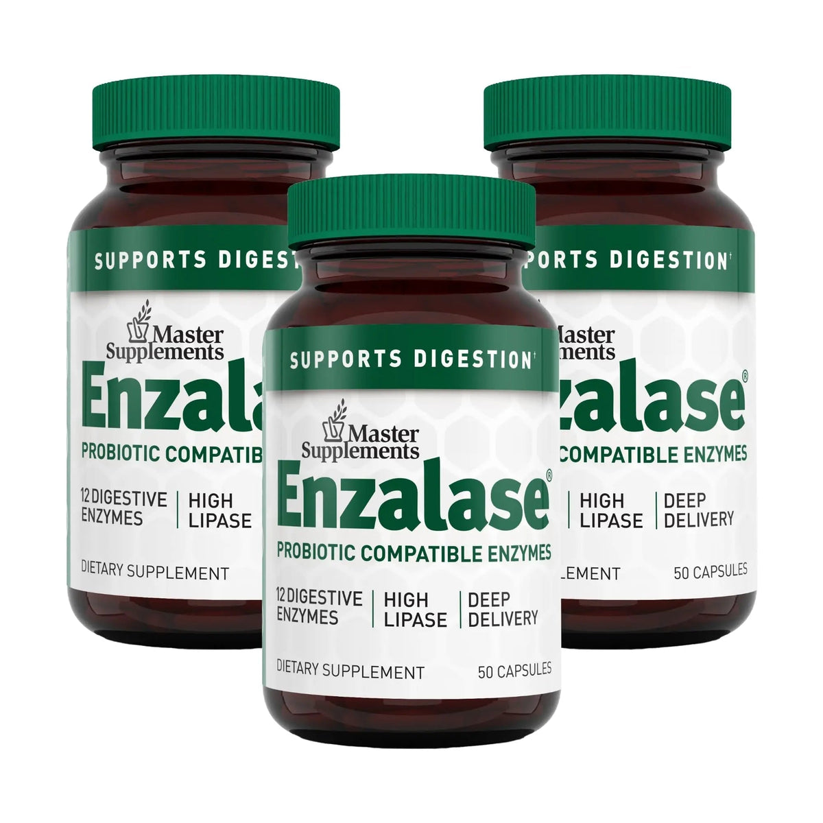 Master Supplements Enzalase - 50 Capsules, Pack of 3 - Probiotic Compatible Enzymes - Provides Digestive Boost + Gas & Bloating Relief - Gluten Free - 150 Total Servings - Maple Wellness Supplements