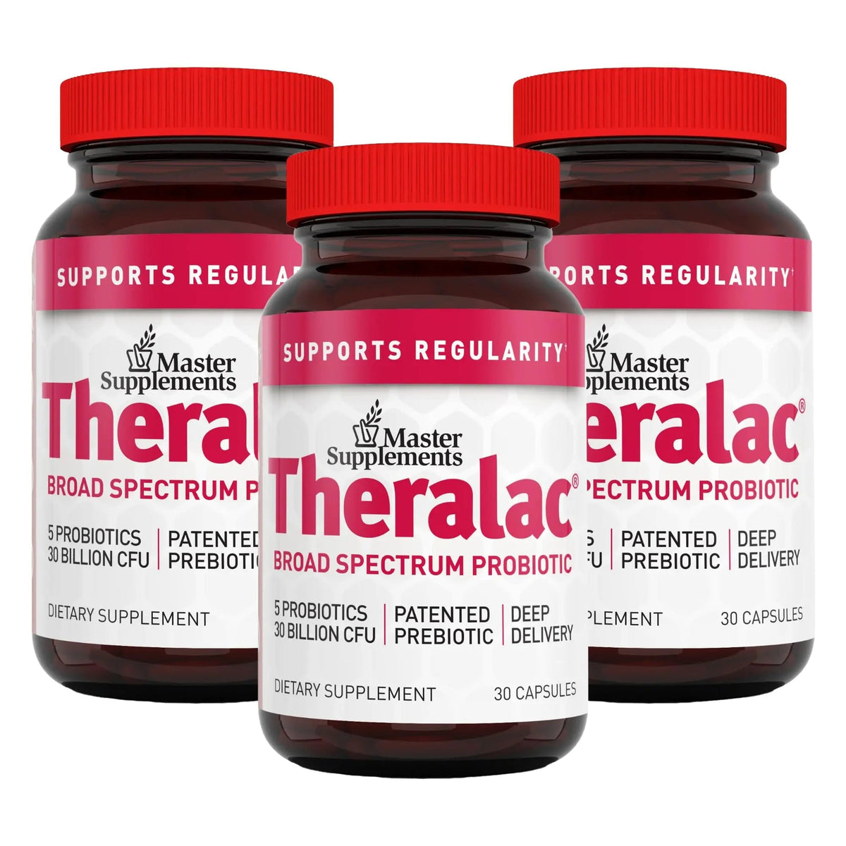 Master Supplements Theralac - 30 Capsules, Pack of 3 - Multi-Strain Probiotic for Optimal Gut Health + Gas & Bloating Relief - Gluten Free - 90 Servings - Maple Wellness Supplements