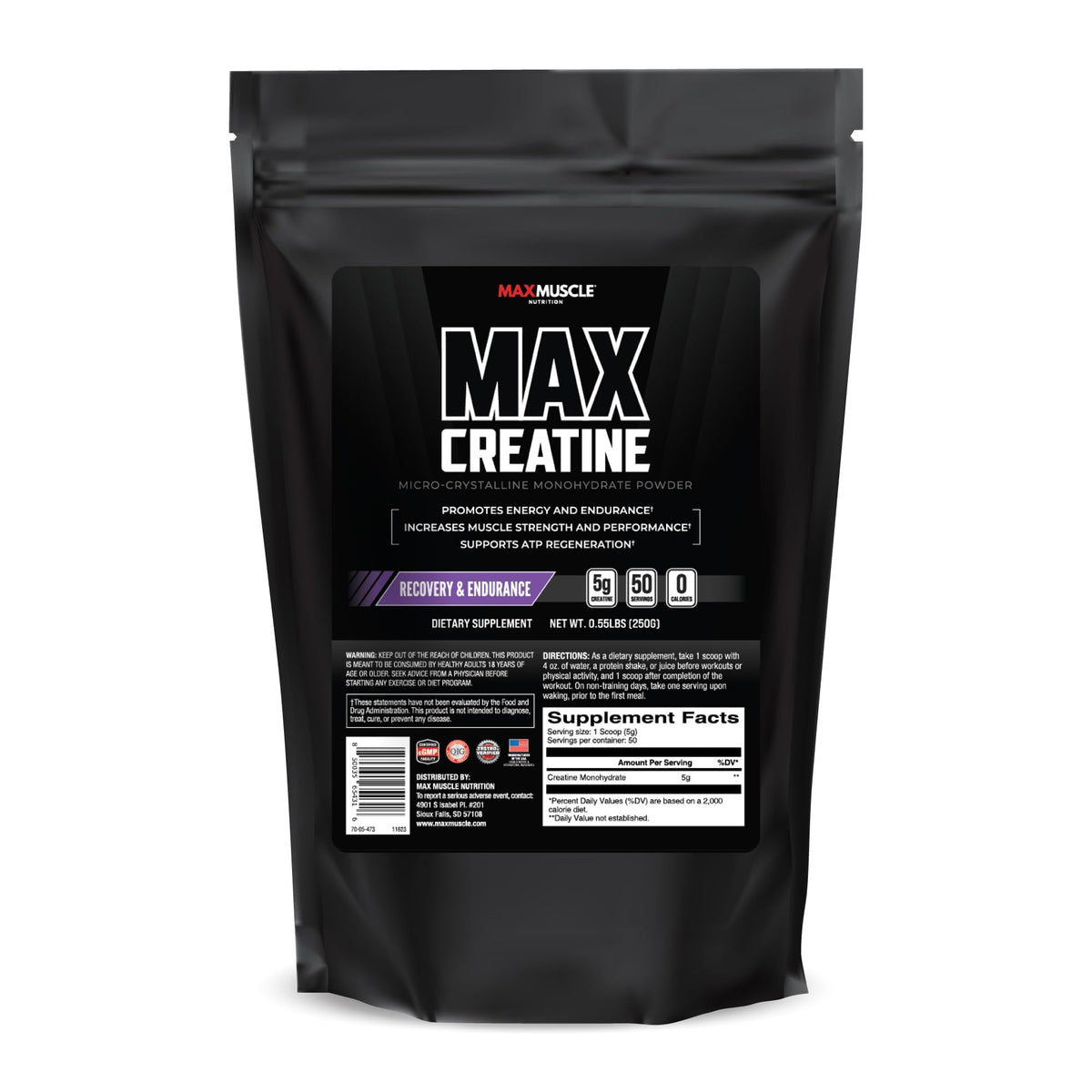 Max Muscle Ultra Pure Creatine Monohydrate Powder 5000 mg (5 Grams) | 3rd Party Purity Tested | 100% Micronized and Unflavored for Maximum Absorption | Keto Friendly | 8.8 Ounces | 50 Servings - Maple Wellness Supplements