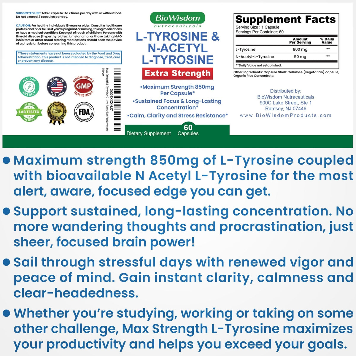 Max Strength L Tyrosine Supplement & N Acetyl L Tyrosine Peak Focus, Alertness, Concentration, Body & Mind Energy. L-Tyrosine 850mg Per 1 Capsule. A Well-Being Nutrient Boost For Performance - Maple Wellness Supplements