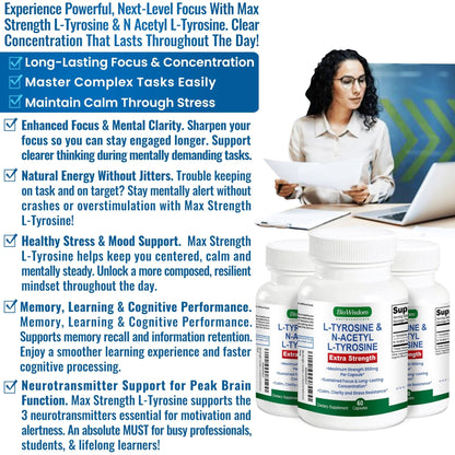 Max Strength L Tyrosine Supplement & N Acetyl L Tyrosine Peak Focus, Alertness, Concentration, Body & Mind Energy. L-Tyrosine 850mg Per 1 Capsule. A Well-Being Nutrient Boost For Performance - Maple Wellness Supplements