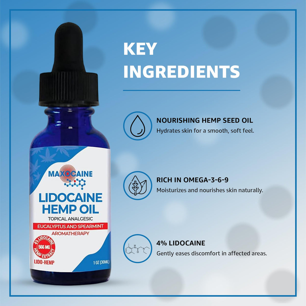 MAXOCAINE Lidocaine Hemp Oil 4% - Maximum Strength Topical Pain Relief, Fast Acting Soothing Oil for Muscle, Joint, Back & Arthritis Support, Cooling Eucalyptus & Spearmint, 1 oz (30 ml) - Maple Wellness Supplements