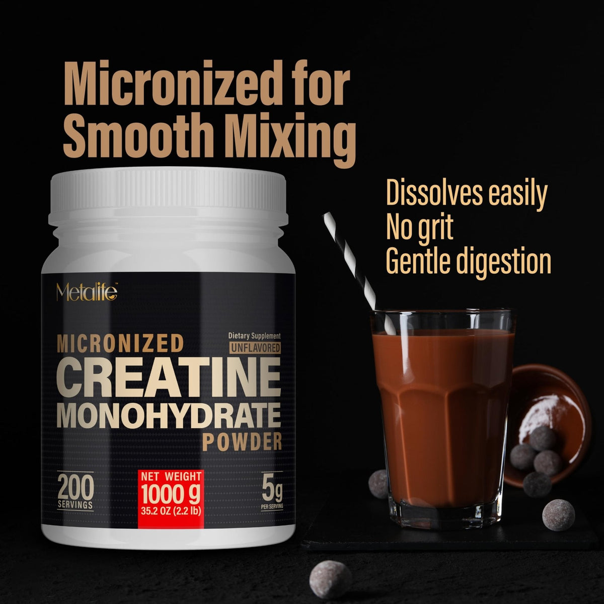 METALIFE 100% Pure Creatine Monohydrate Powder, Canada-Made, 1000 g (200 Servings) Micronized Powder, Muscle Growth, Unflavored, Ideal for Athletes & Fitness Enthusiasts, Third party lab tested, Vegan - Maple Wellness Supplements