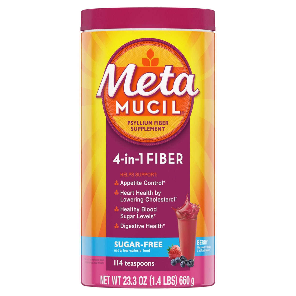 Metamucil, 4-in-1 Fiber Supplement, Psyllium Husk Powder, Sugar-Free Powder, Berry Flavored Drink, 114 Servings - Maple Wellness Supplements