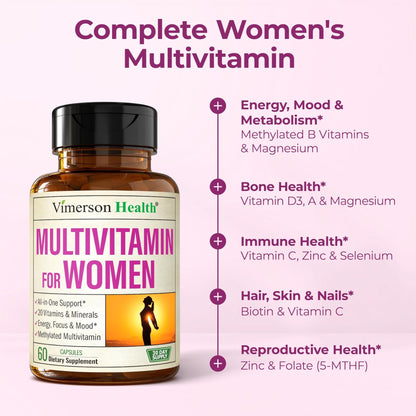 Methylated Multivitamin for Women w/Bioavailable Vitamins, Chelated Minerals, Vitamin D, B12, C, A & Zinc for Energy, Focus and Immune Health - Maple Wellness Supplements