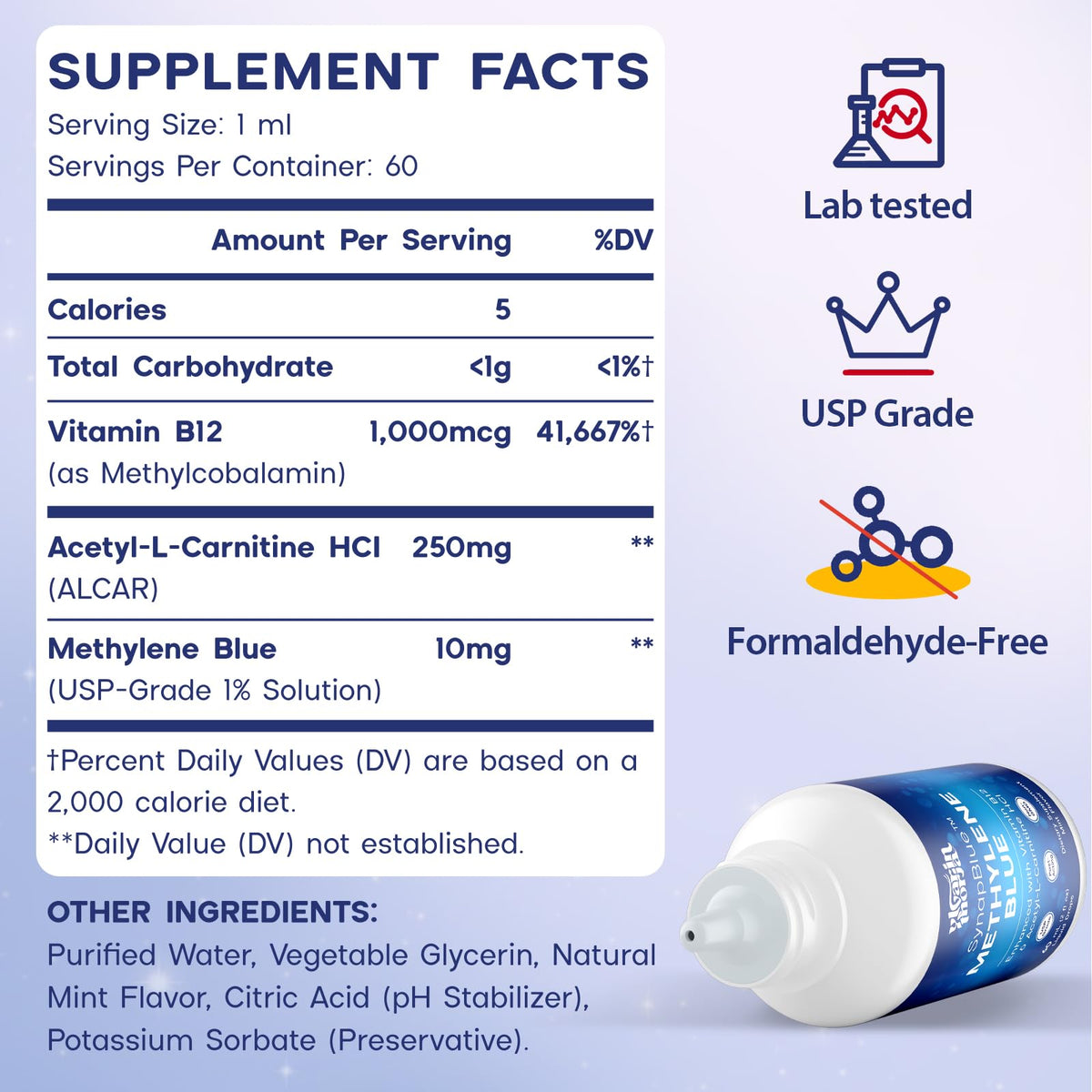 Methylene Blue Drops for Humans, 1% USP Grade – Dropper-Free No-Touch Bottle, Brain Supplement for Memory and Focus – Fast-Acting Nootropic with Methyl B12 & ALCAR – Caffeine-Free, Mint Flavor, 2oz - Maple Wellness Supplements
