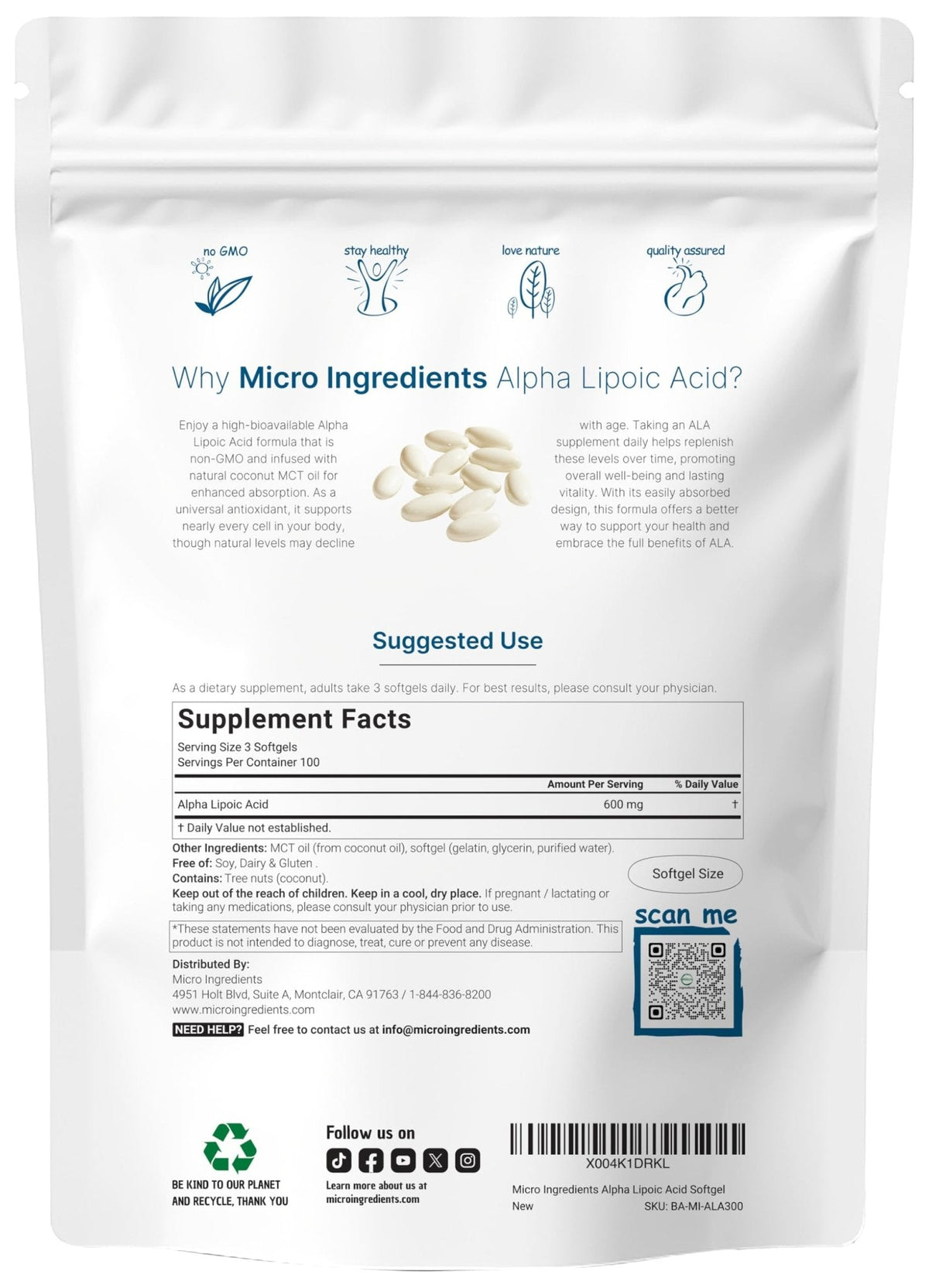 Micro Ingredients Alpha Lipoic Acid 600mg with MCT Oil, 300 Softgels | ALA Supplement for Liver, Antioxidants, Nerve, Cardiovascular Health Support - Maple Wellness Supplements