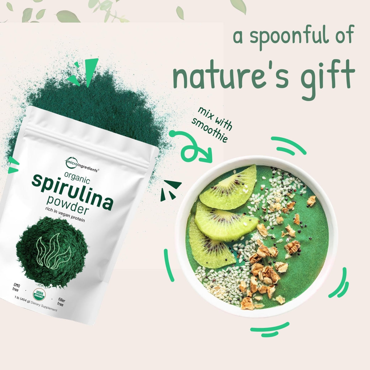 Micro Ingredients Organic Spirulina Powder, 1lb | Blue-Green Algae, Rich in Vegan Protein, Vitamins & Minerals | Source of Natural Chlorophyll & Enzymes - Maple Wellness Supplements