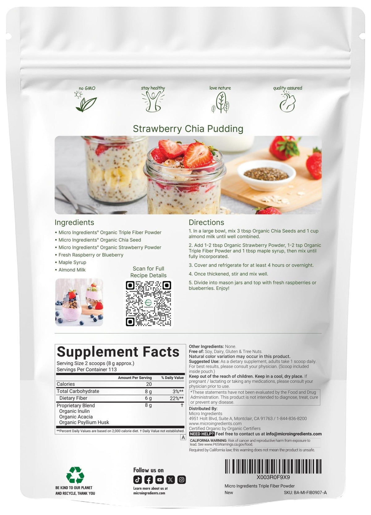 Micro Ingredients Organic Triple Fiber Powder, 2lb | Natural Prebiotic to Support Digestive & Gut Health - Maple Wellness Supplements