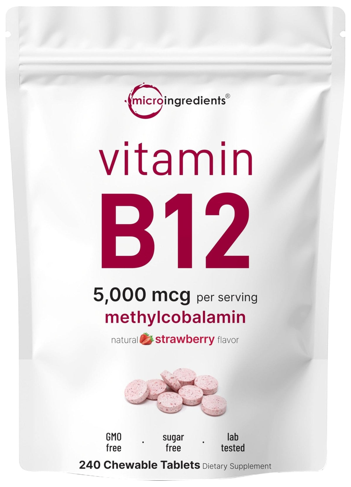 Micro Ingredients Vitamin B12 5,000 mcg | Methylcobalamin – 240 Chewable Tablets | Fast Dissolve, Natural Strawberry Flavor - Maple Wellness Supplements