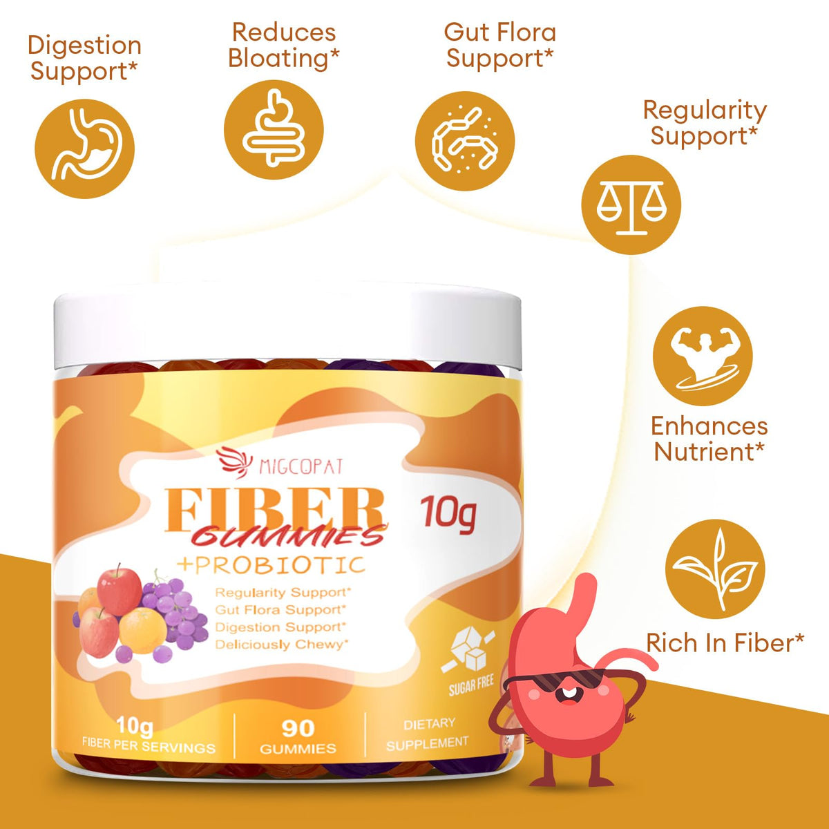 Migcopat 10G Fiber Gummies with Probiotics, Fiber Supplement with 30 Billion CFU Probiotics Blend, ACV, Vitamin C, Inulin - Support Digestive Health - Maple Wellness Supplements