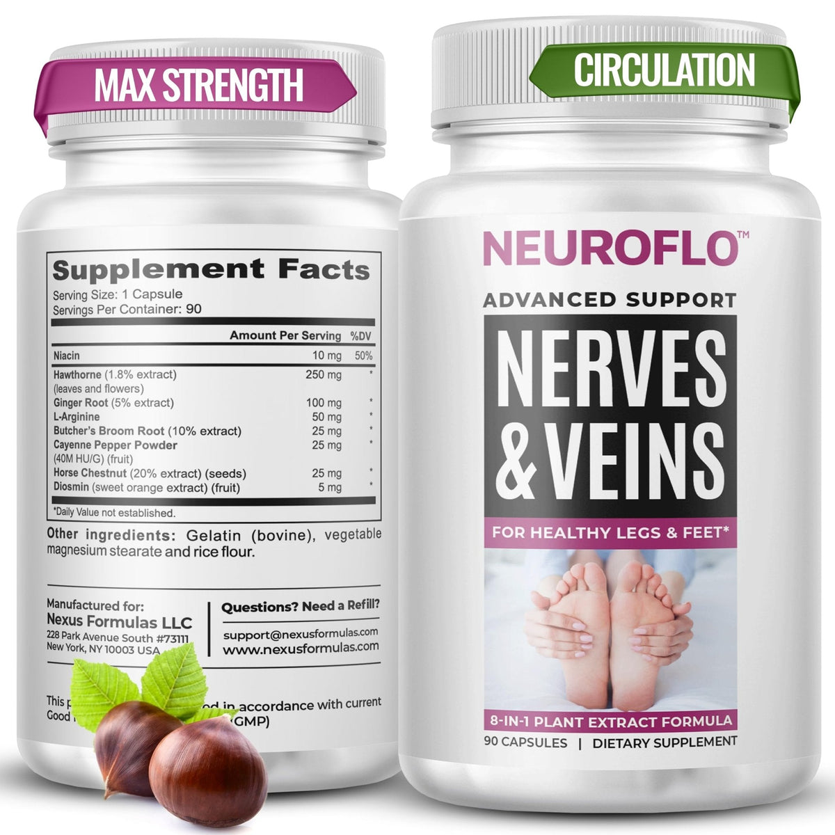 Mizzle Leg Circulation Supplement - Supports Nerves, Veins with 1470mg, 8 in 1 Capsule of Chestnut, Diosmin, Hawthorn for Maximum Relief in Toes, Feet, Ankles, Calves, Legs - Neuroflo - Maple Wellness Supplements